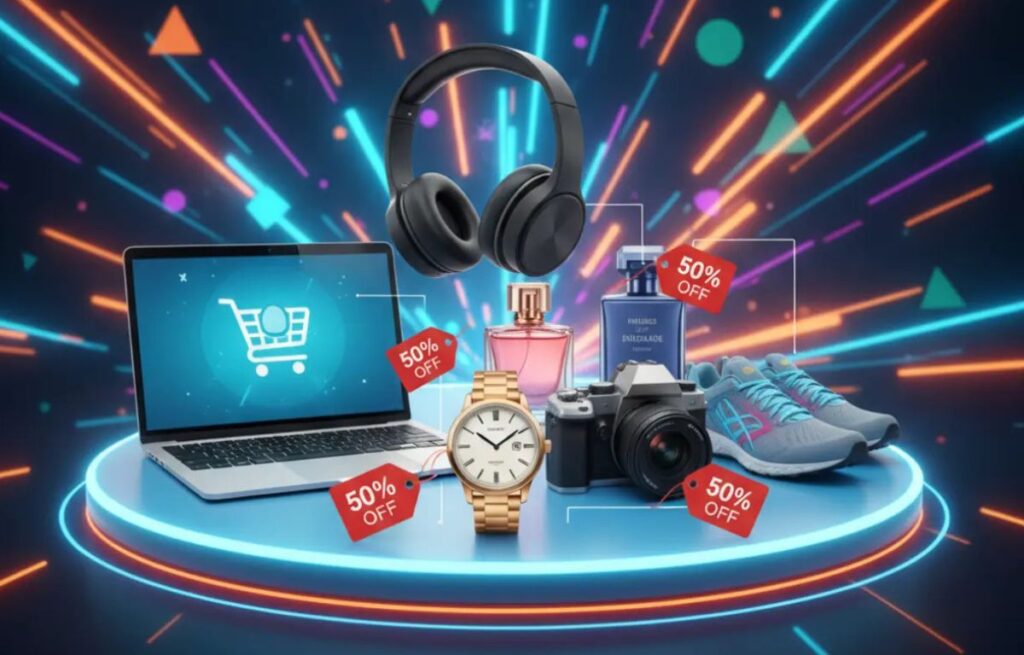 Imagem ilustrativa de produtos variados com grandes etiquetas de desconto de 50% ou mais, simbolizando ofertas imperdíveis e economia.